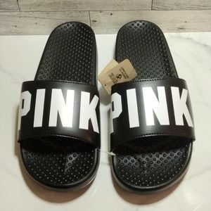 PINK Victoria's Secret Black Slides White Sans Logo Size Large NWT Disco…